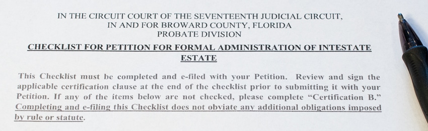 Checklist for formal administration of inestate estate with listed Florida probate rules