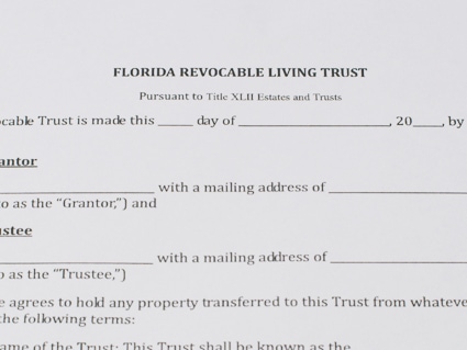 Paper copy of a trust attorneys legal document that's titled Florida Revocable Living Trust