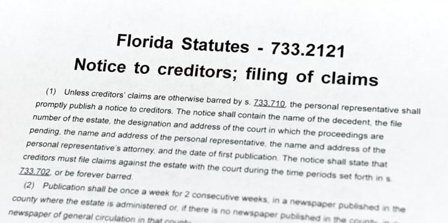 Florida Statute 733.2121, shown with multiple subsections and amendments on the page, as well as references to other Florida statutes