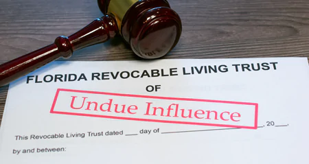 Paper document titled Florida Revocable Living Trust with the words undue influence stamped on it in red letters