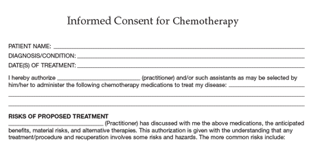 Consent form for cancer treatment titled informed consent for chemotherapy