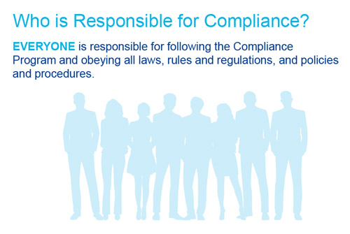 Slide discussing healthcare compliance that's titled who is responsible for compliance with silhouettes of people in the background
