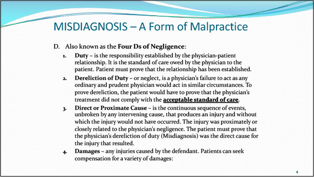 Slide with information on misdiagnosis in the medical field with the title misdiagnosis a form of malpractice