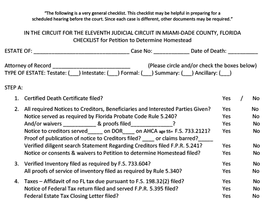 Probate real estate form that’s titled checklist for petition to determine homestead. The form has a series of questions relating to determining homestead in the State of Florida