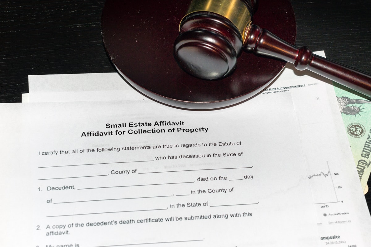 Generic blank probate form titled small estate affidavit for collection of property with a gavel next to it 