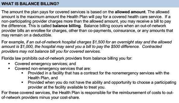 Text describing Florida’s law on balance billing and what it entails such as preventing out-of-network providers from billing someone for covered emergency services.