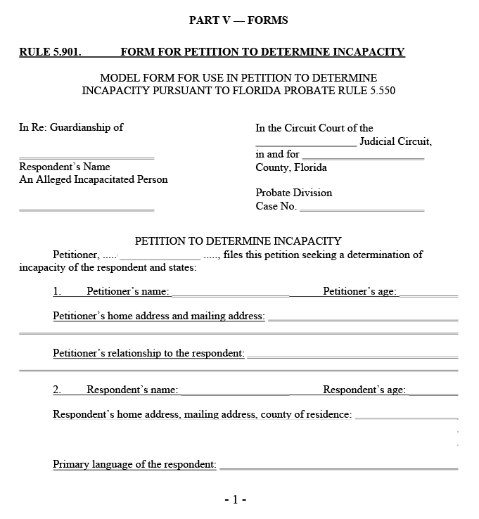 Blank PDF example of a Florida Petition to Determine Incapacity for guardianship