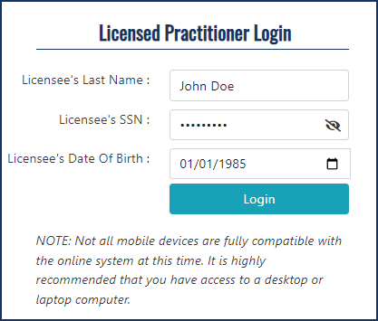 Sample login screen for licensed practitioners