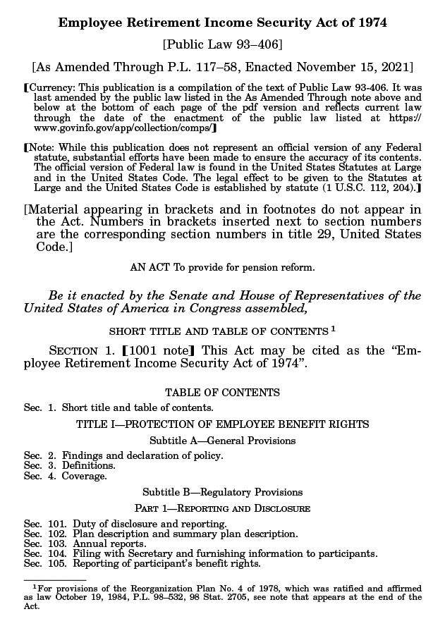 PDF example of the Employee Retirement Income Security Act of 1974 (ERISA)