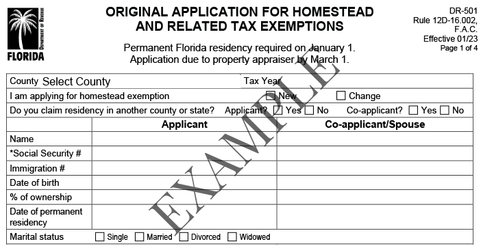 Blank PDF copy of Florida homestead laws and related tax exemptions form. The form requires certain information such as name, social security number, etc.