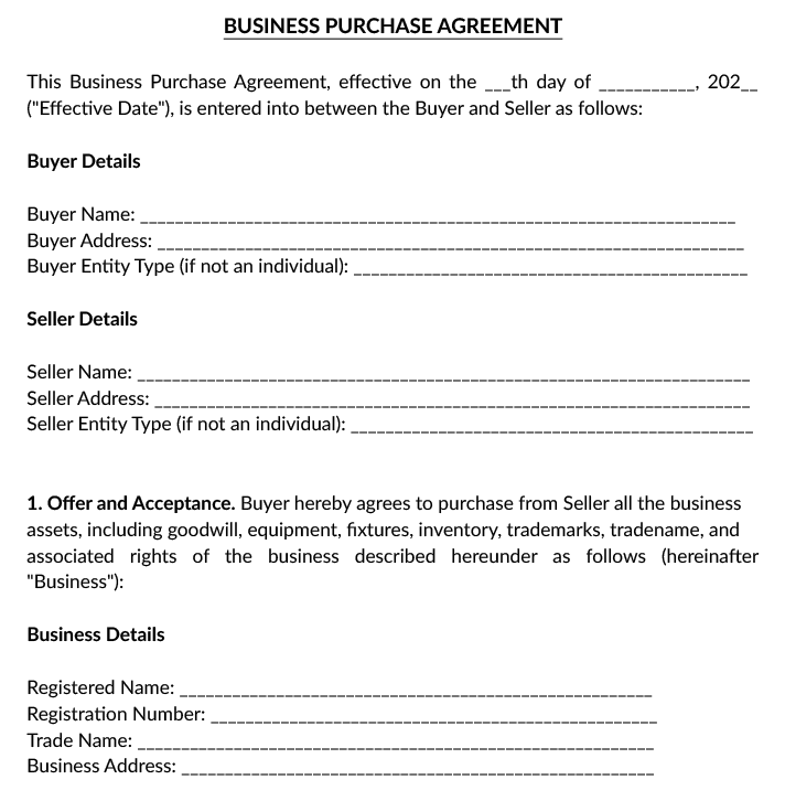 Template of a basic Business Purchase Agreement form