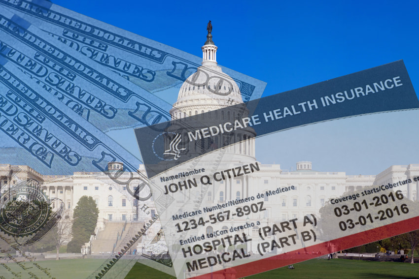 Medicare Health Insurance card overlayed on top of the capital building with money also overlayed on the image
