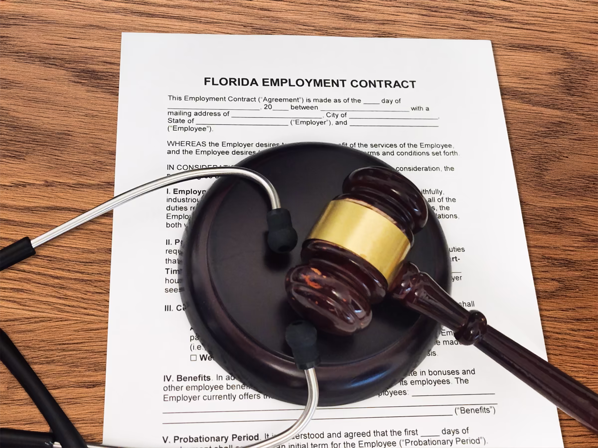 Stethoscope and judge’s gavel resting on a Florida employment contract, symbolizing healthcare non-compete litigation