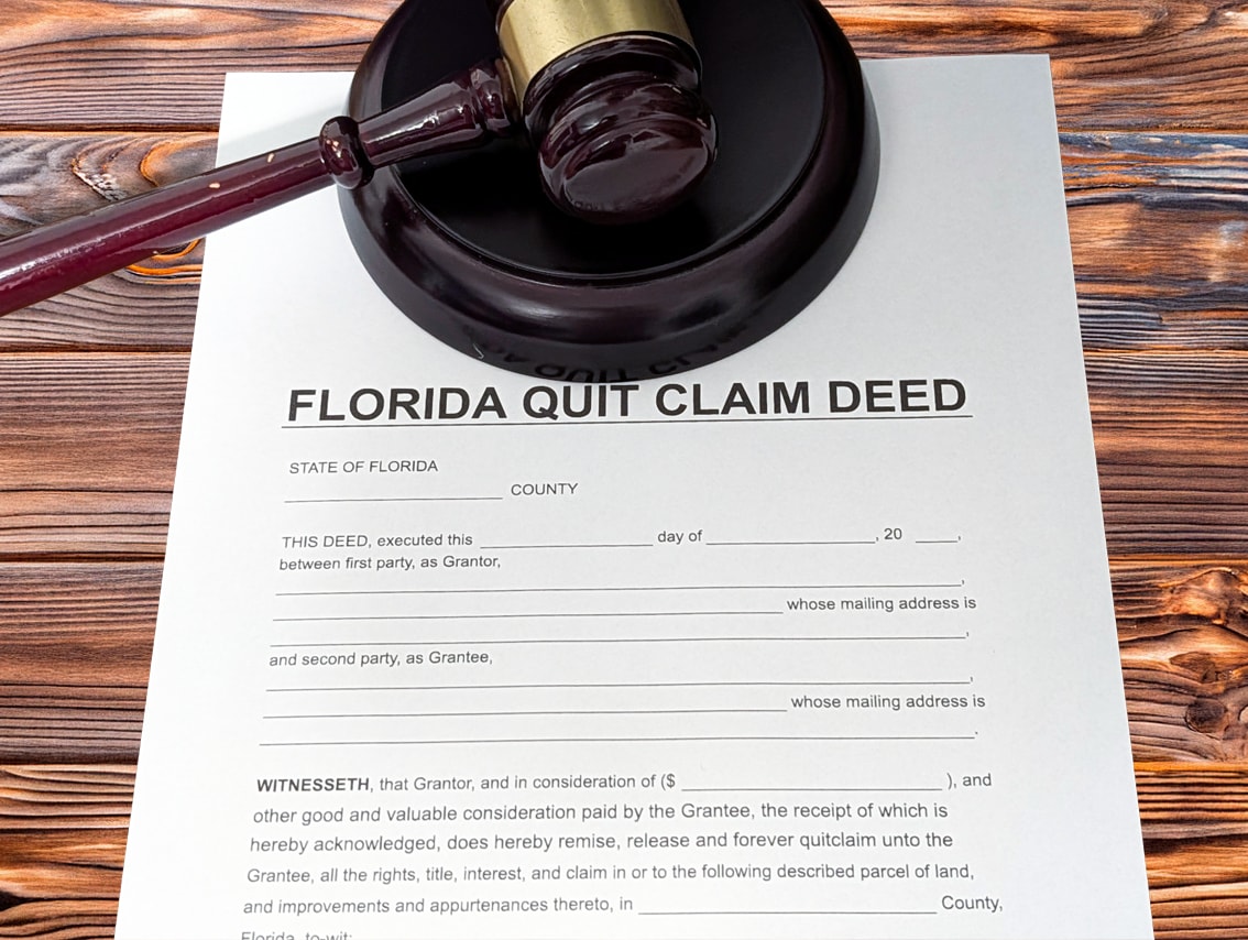 Quitclaim deed legal document with judge’s gavel on desk representing Florida property deed contest