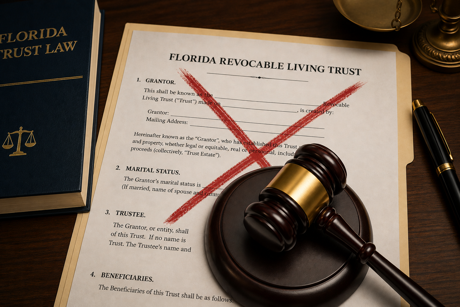 Florida revocable living trust document marked with a red X beside a gavel and Florida trust law book symbolising trust litigation. 