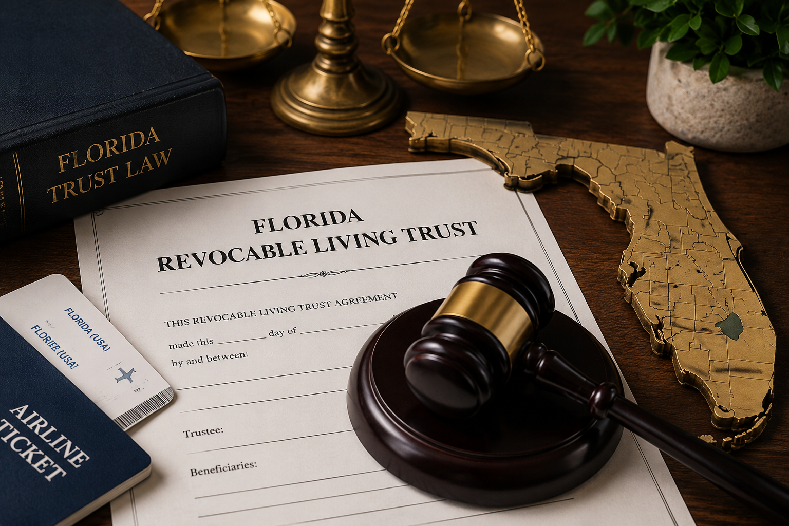 Florida revocable living trust document with judge's gavel, Florida map, and trust law materials representing out-of-state trust administration. 
