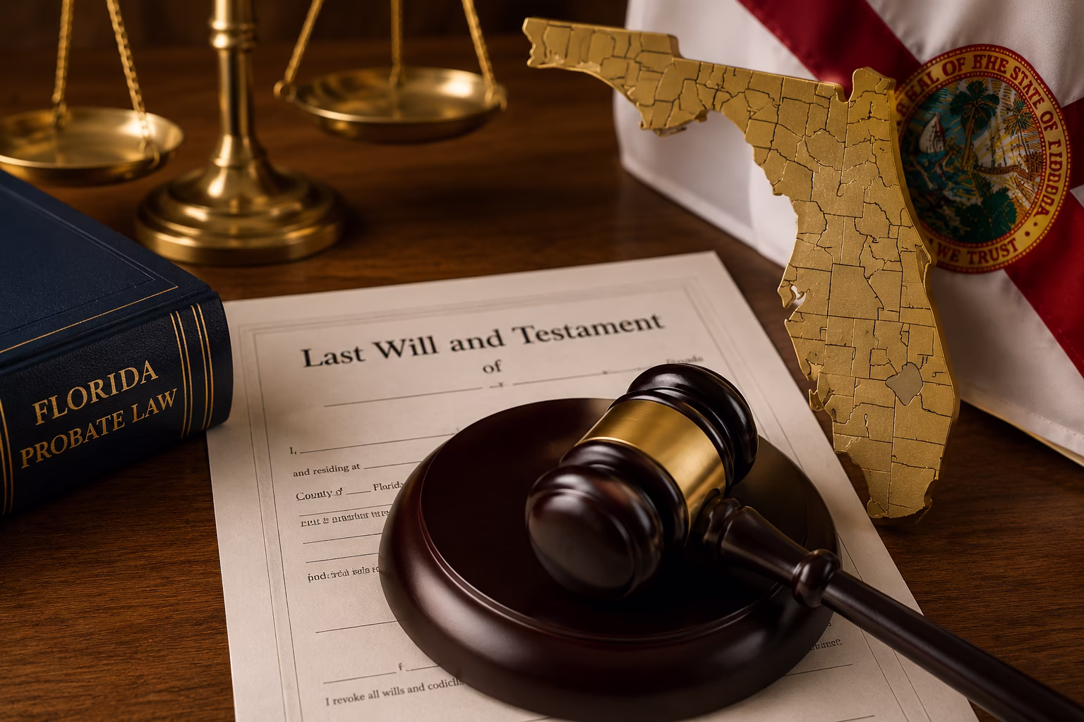 Florida probate documents, judge's gavel, and Florida state symbol representing out-of-state probate administration and ancillary probate proceedings