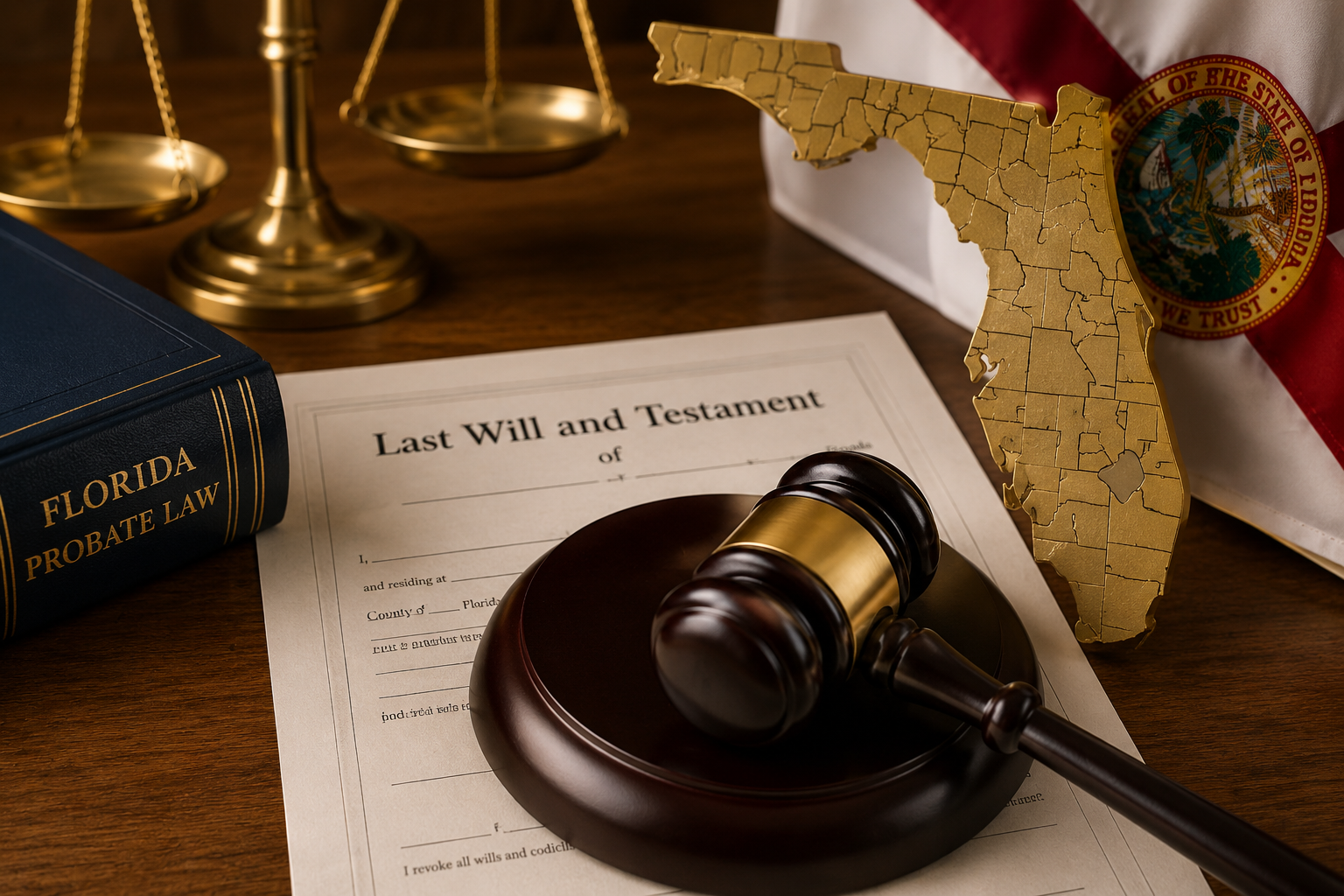 Florida probate documents, judge's gavel, and Florida state symbol representing out-of-state probate administration and ancillary probate proceedings