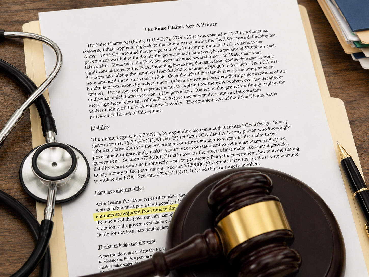 False Claims Act healthcare whistleblower document with a stethoscope and gavel representing healthcare fraud and whistleblower protections 