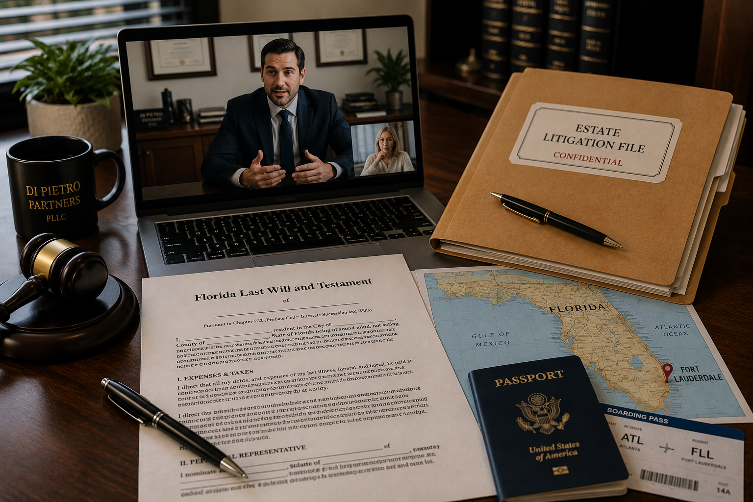 Remote Florida probate litigation consultation with a Florida last will and testament, estate litigation file, video conference, and Florida map for out-of-state clients.