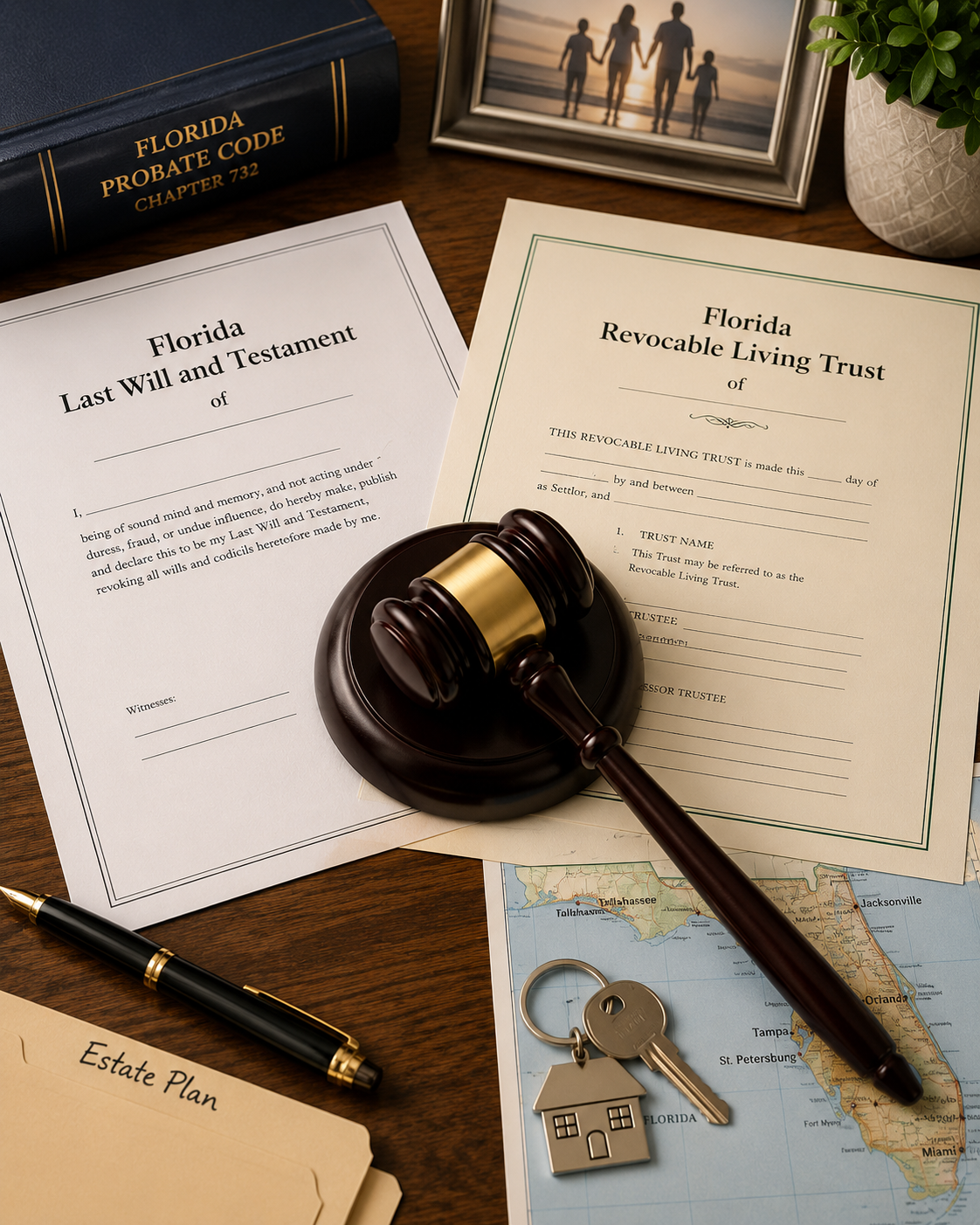 Florida inheritance laws represented by a last will and testament, revocable living trust, probate code book, gavel, house keys, and Florida map.