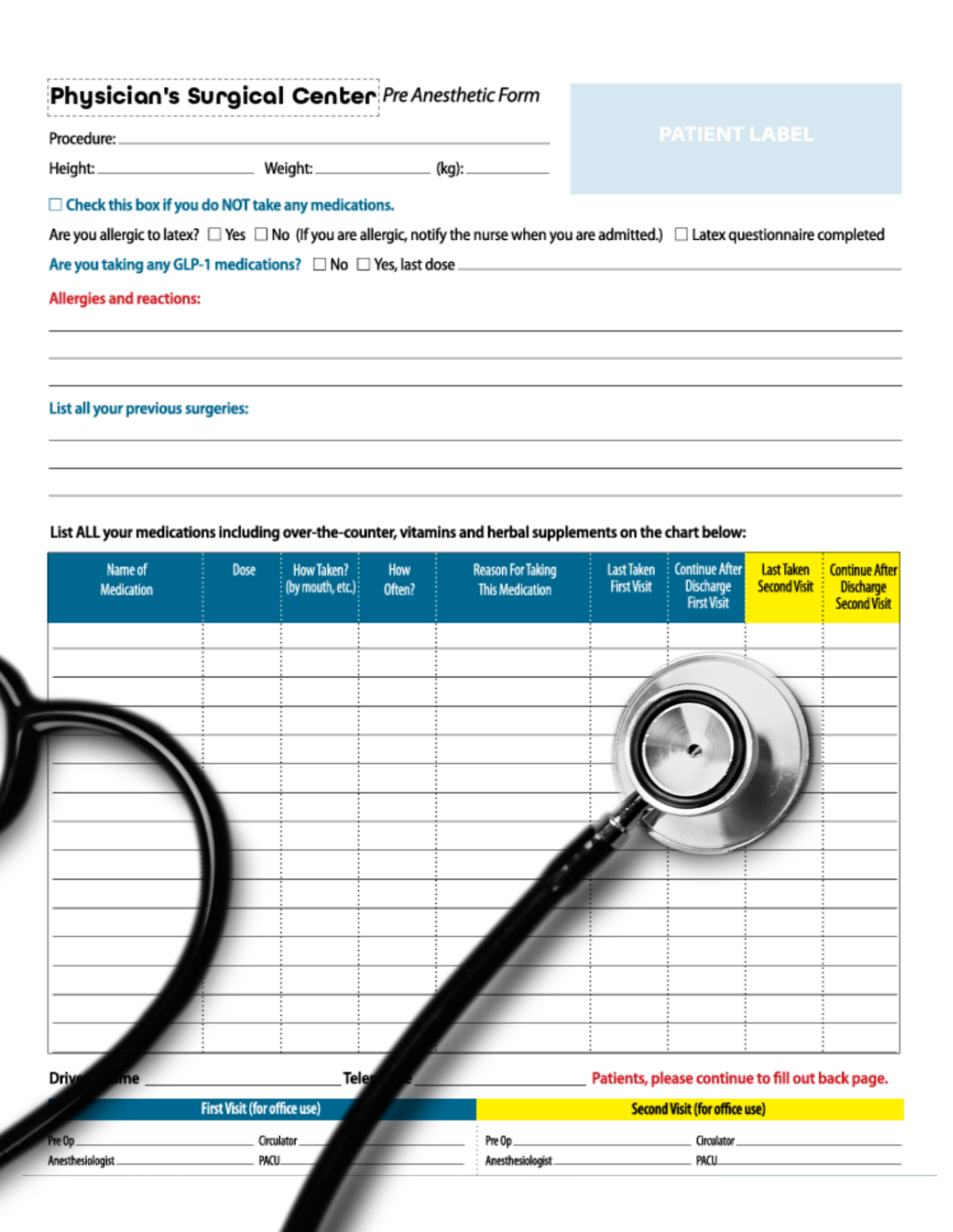 Stethoscope resting on a pre-anesthetic evaluation form used to review medications, allergies, prior surgeries, and other medical history before anesthesia to help prevent anesthesia errors. 